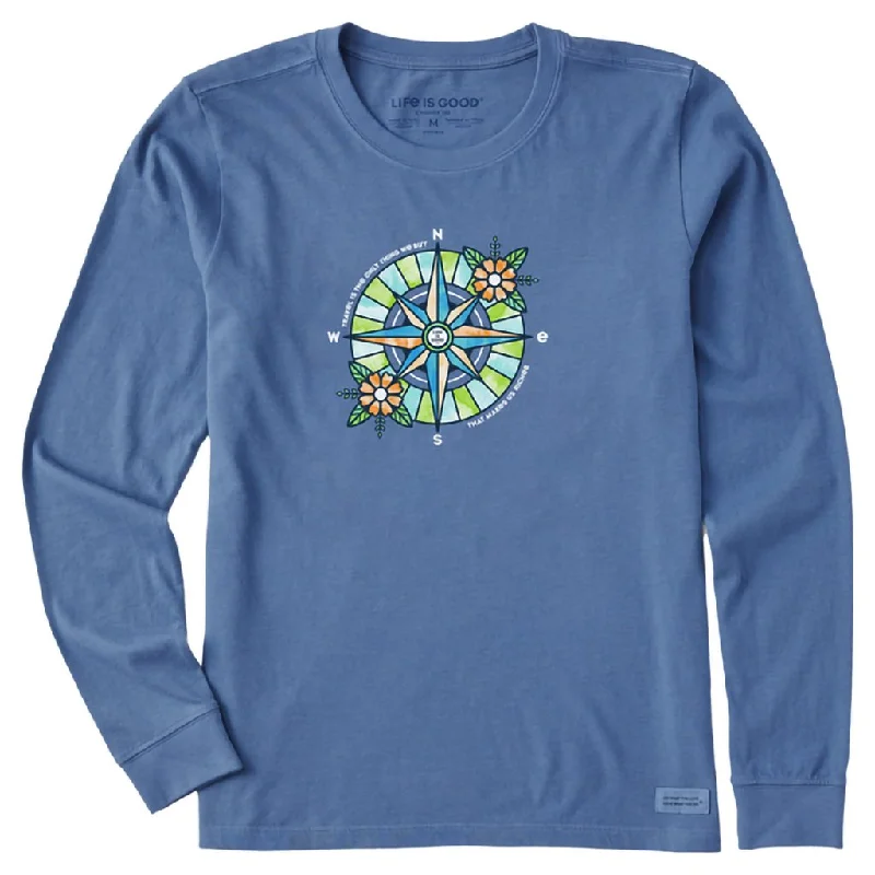 Life Is Good : Women's Washy Floral Compass Richer - Long Sleeve Crusher-LITE T-Shirt in Vintage Blue