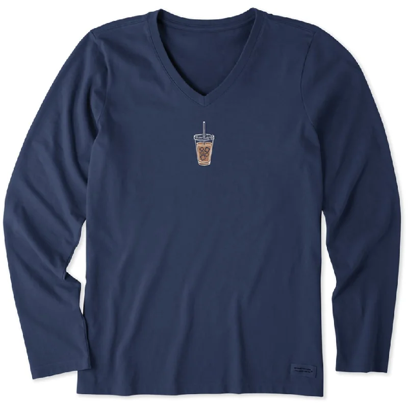 Life Is Good : Women's Iced Coffee - Long sleeve Crusher V-Neck in Darkest Blue