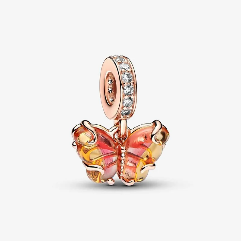 PANDORA : Pink & Yellow Murano Glass Butterfly Dangle Charm