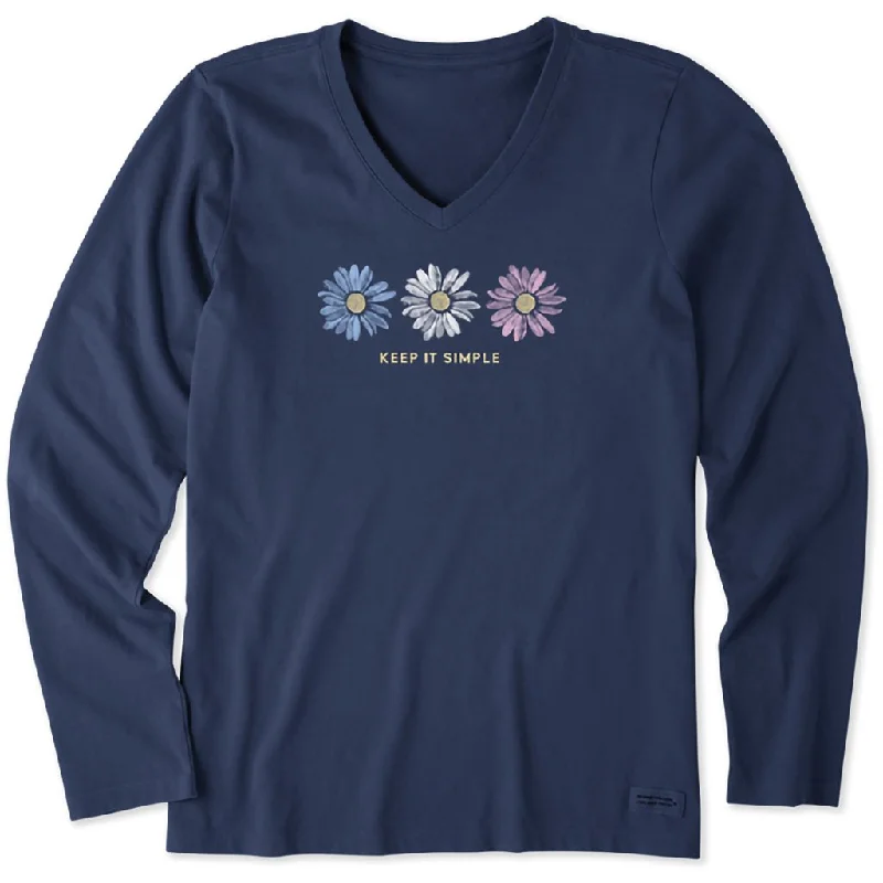 Life Is Good : Women's Keep it Simple Trio Daisy - Long sleeve LITE Crusher V-Neck in Darkest Blue