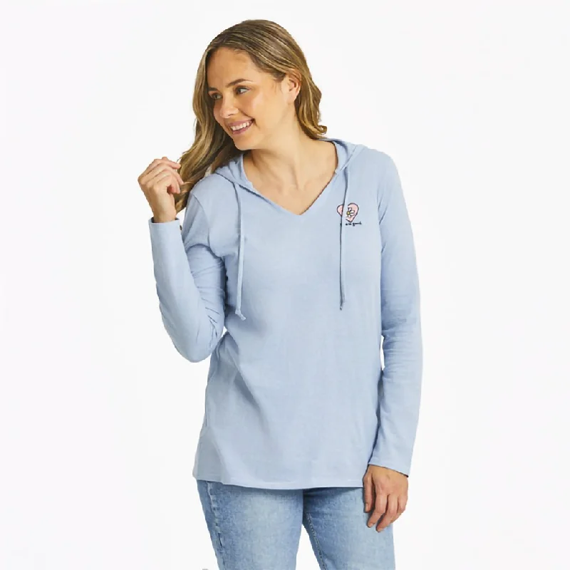 Life Is Good : Women's Simple Daisy Heart - Long Sleeve Striped Crusher-LITE Hooded Tee in Glacier Blue