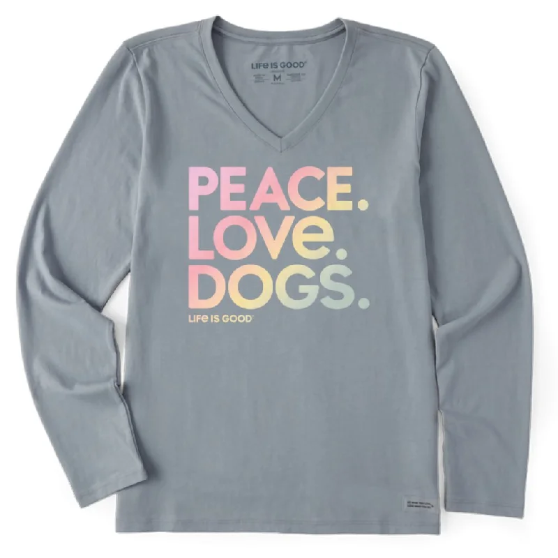 Life Is Good : Women's Peace Love Dogs - Long sleeve LITE Crusher V-Neck in Stone Blue