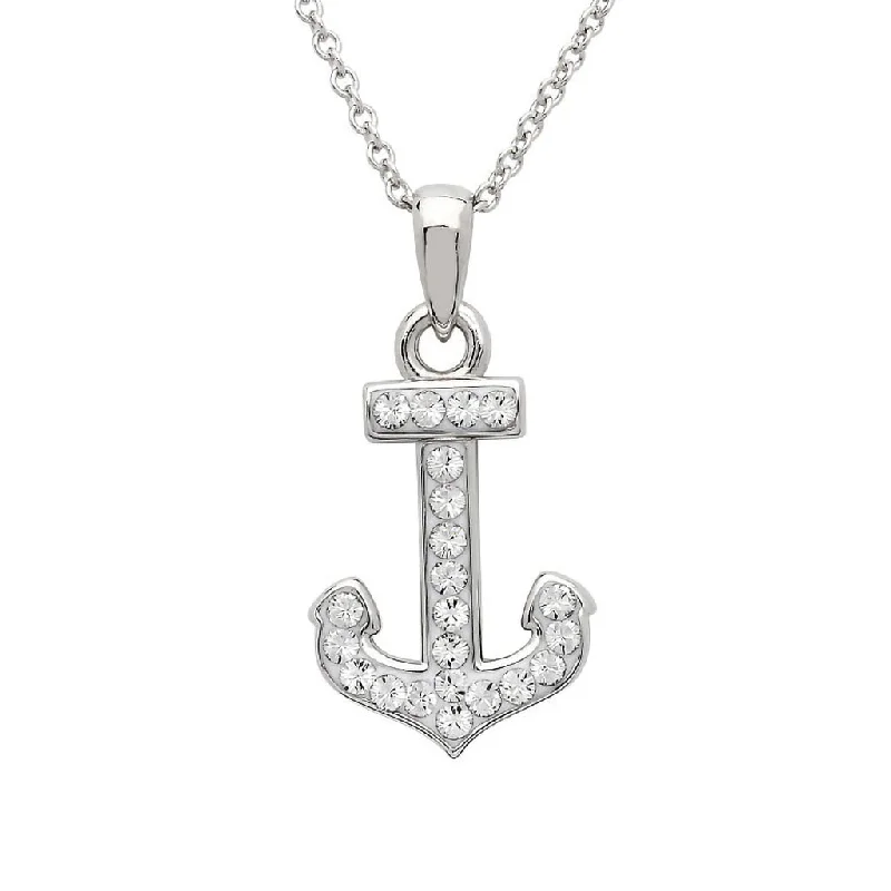 Ocean : Anchor Necklace Encrusted with White Crystal