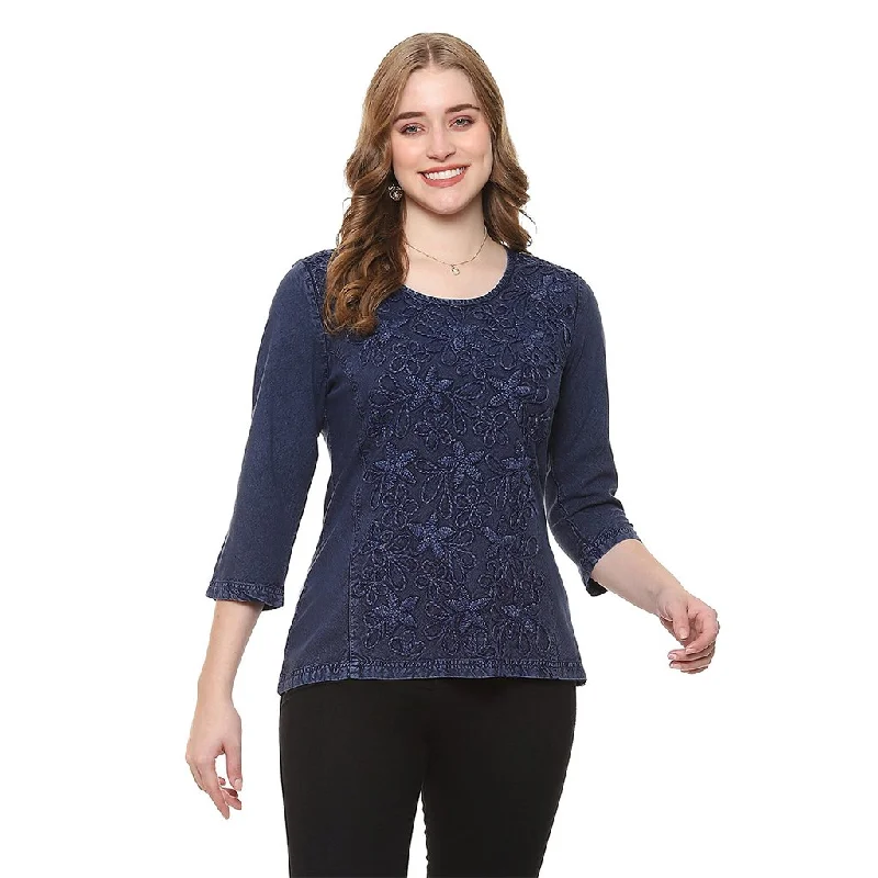 Parsley & Sage : Keeley Embroidered Flora 3/4 Blue Plush Top