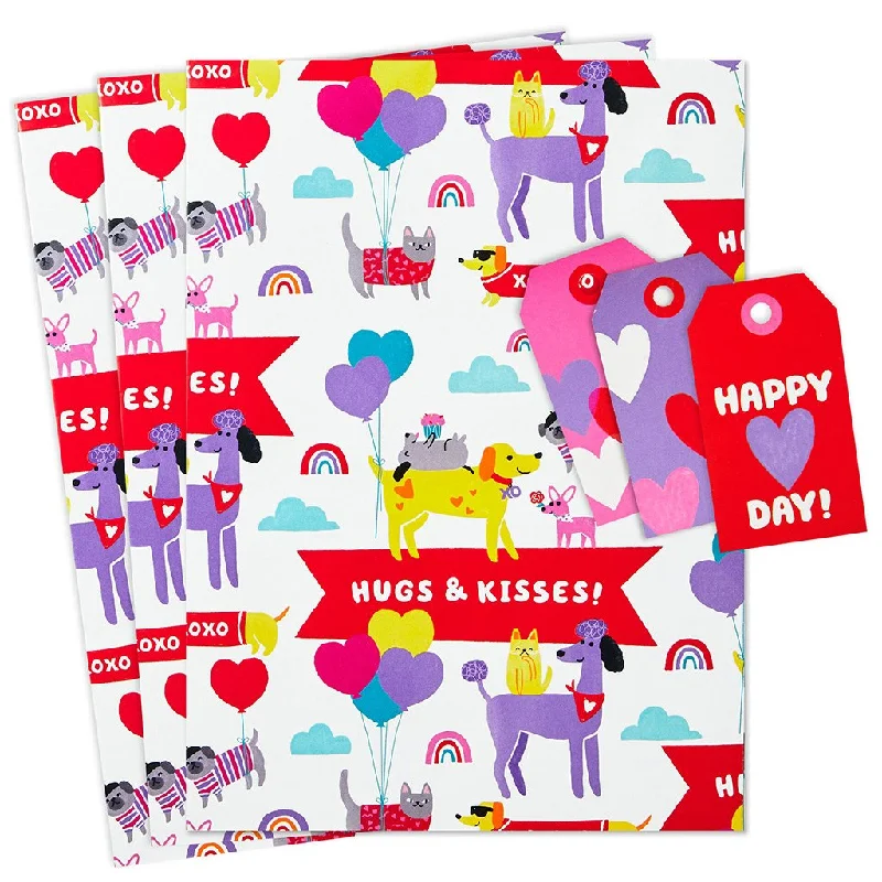 Hallmark : Hugs & Kisses Pets Flat Wrapping Paper With Gift Tags, 3 sheets