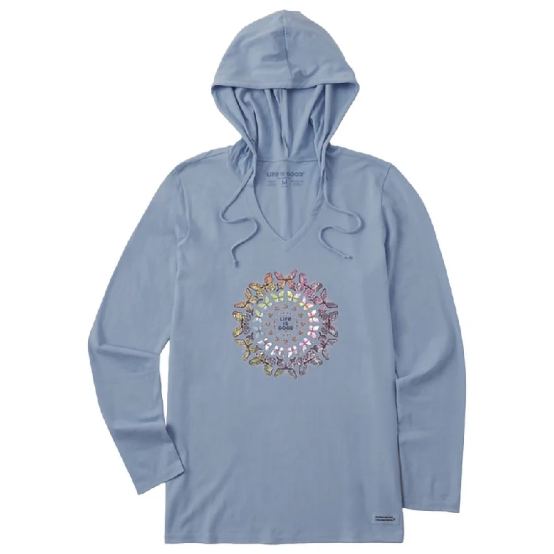 Life Is Good : Women's Tie Dye Butterfly Daisy Mandala - Long Sleeve Crusher-LITE Hooded T-Shirt in Stone Blue