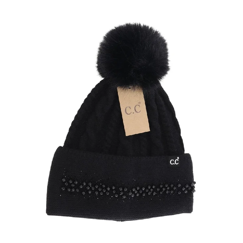 CC Beanie : Pearl Embellished Cuff Faux Fur Pom in Black