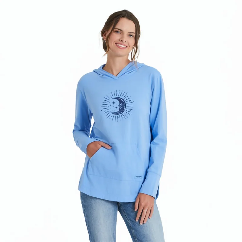 Life Is Good : Women's  Woodcut Moon Stars Crusher-FLEX Hoodie Tunic in Cornflower Blue