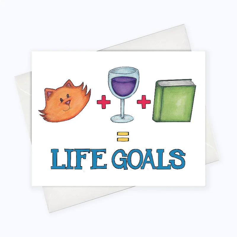 CAT LIFE GOALS CARD | Funny Cat Card | Book Lovers Card | Wine Lovers Card | Cat Lover Greeting Card | Life Goals Art Cat Stationery | Cat Puns