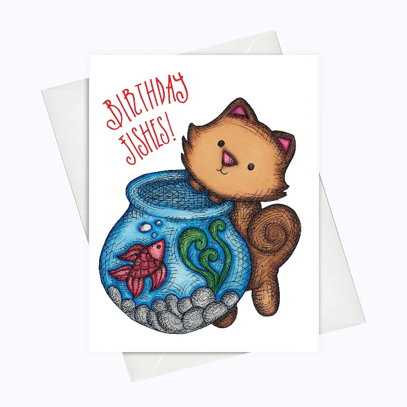 CAT BIRTHDAY CARD | Birthday Fishes Funny Greeting Card | Funny Cat Birthday Card | Cat Puns Card | Birthday Stationery | Birthday Wishes Card | Cat Lovers Card Birthday