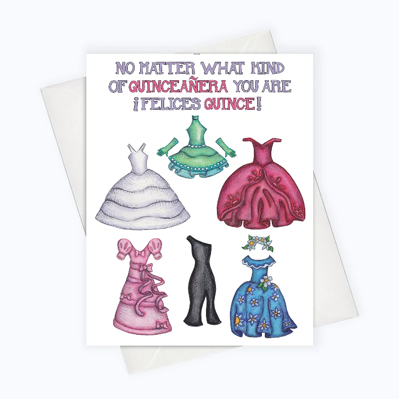 QUINCEAÑERA CARD | QUINCEAÑERA DRESS CARD | SPANISH BIRTHDAY CARD | Felices Quince Cumpleaños Card | Feliz Cumpleaños En Español | Birthday En Español | Tarjeta de Cumpleaños | Latinx Card | Latina Power Card