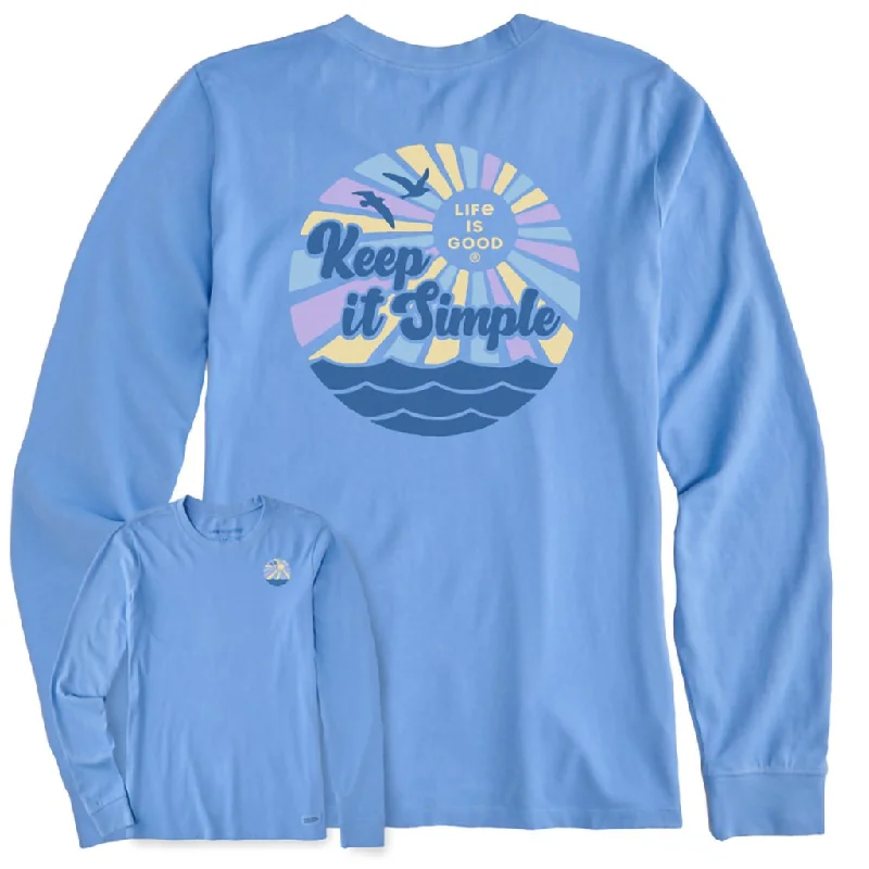 Life Is Good : Women's Groovy Keep it Simple Sun & Sea - Long Sleeve Crusher T-Shirt in Cornflower Blue