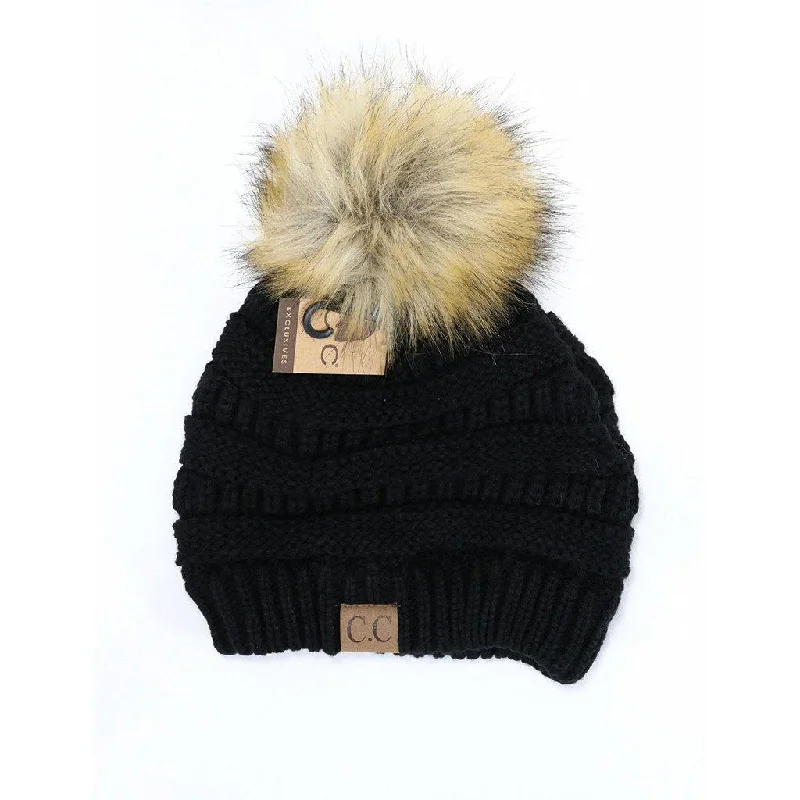 CC Beanie : Fur Pom CC Beanie - Black