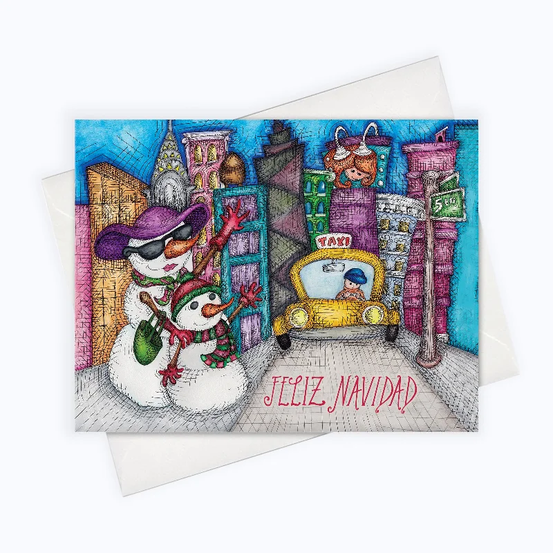 SPANISH HOLIDAY CARD | Taxi Holiday Greeting Card | Holiday Stationery | Tarjeta de Navidad | Snowman