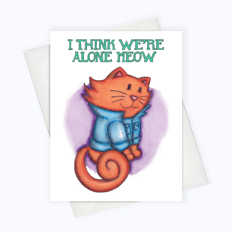 CAT CARD | I Think We're Alone Meow | 80's Cats Card | Cat Lover Greeting Card | Pop Culture Stationery | Funny Cat Card | Cat Puns